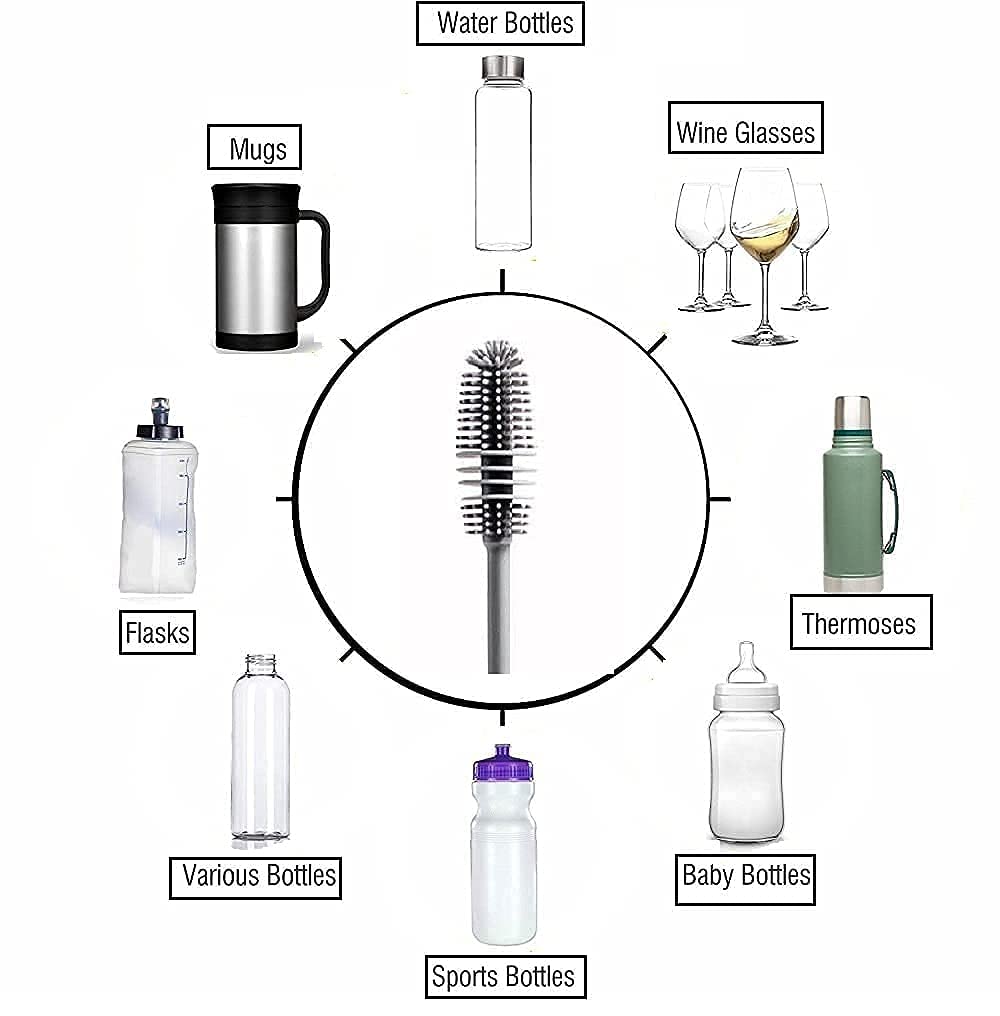 Bottle Cleaning Brush Silicone Long Handle for Baby Bottle, Water Bottle, Containers, Vase and Glass, Bottle Cleaner for Home and Kitchen Accessories Item Products (31-CM-SILICONE-GREY-BRUSH)