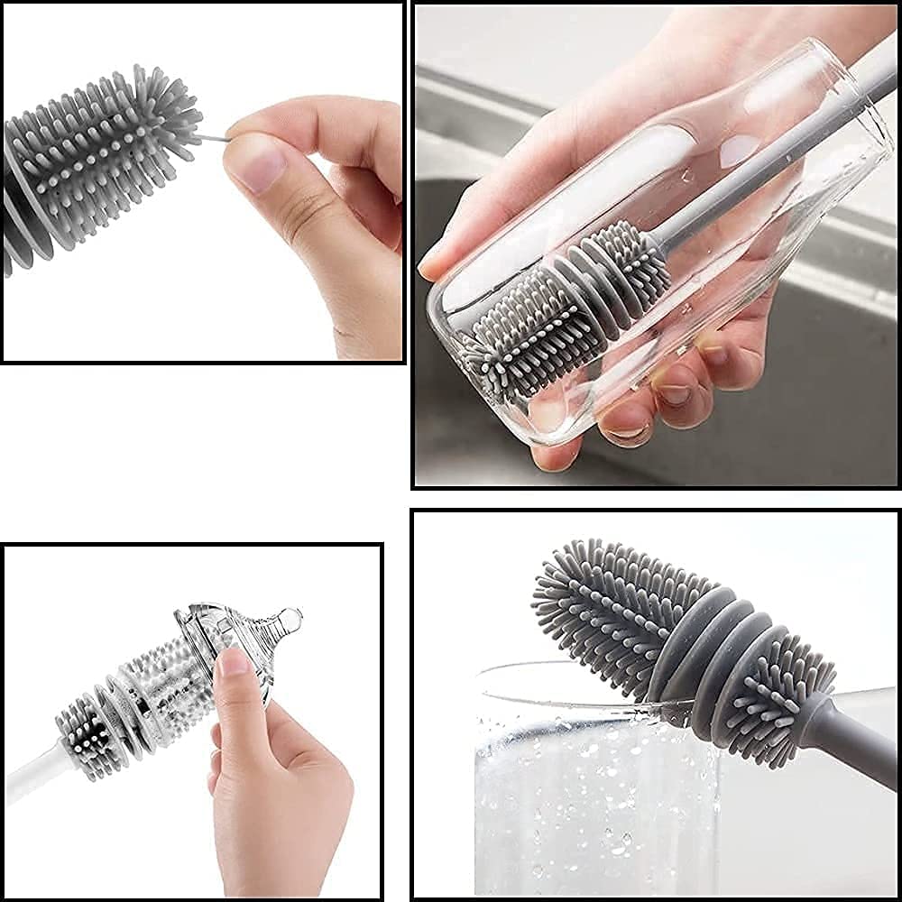 Bottle Cleaning Brush Silicone Long Handle for Baby Bottle, Water Bottle, Containers, Vase and Glass, Bottle Cleaner for Home and Kitchen Accessories Item Products (31-CM-SILICONE-GREY-BRUSH)