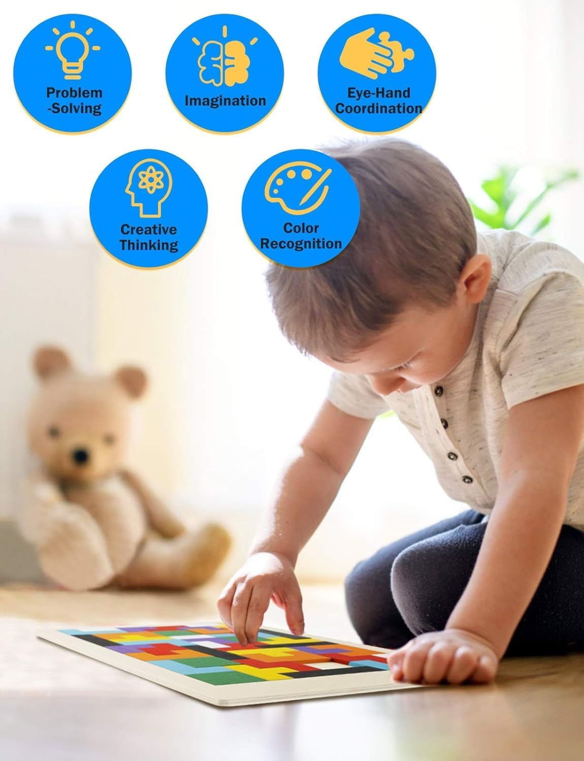 Kids Wooden Russian Blocks Tetris Puzzles for Kids, Wood Intelligence Puzzle, Brain Teasers Games Toys, Educational Gift for Kids Toddlers Ages 3-8, Building Blocks 40pcs