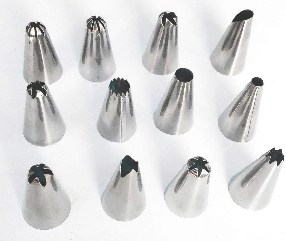 12 Piece Cake Decorating Set Frosting Icing Piping Bag Tips with Steel nozzles. Reusable & Washable