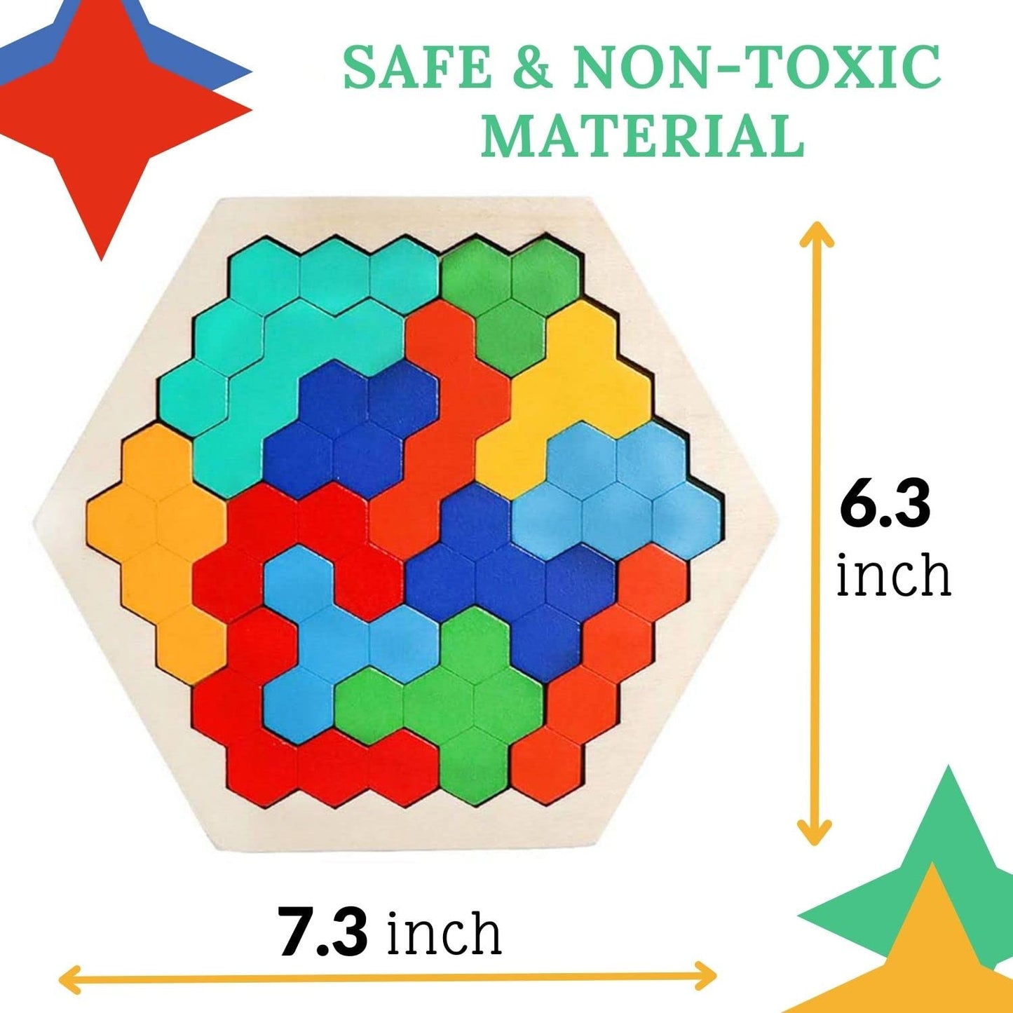 Wooden Hexagon Puzzle for Kids Adults Montessori Creative Jigsaw Shape Pattern Block Educational Gift Brain Teaser Tangram Challenge Toy Geometry Logic Game Pack of 1