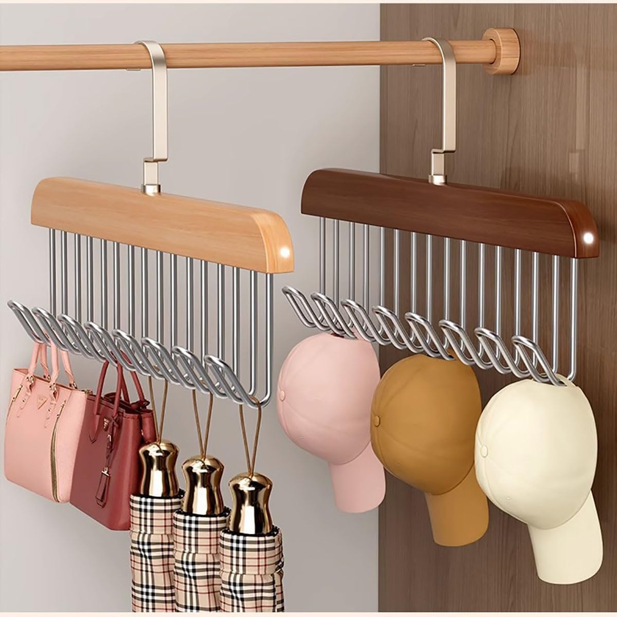 Wooden Hanger - Multipurpose Adjustable 8 Hooks Closet Wooden Hanger for Lingerie, Belt, Scarf, Tie, Garments, Perfect Storage Holder Organizer Hangers for Wardrobe and Cupboard (28X19CM, 1)