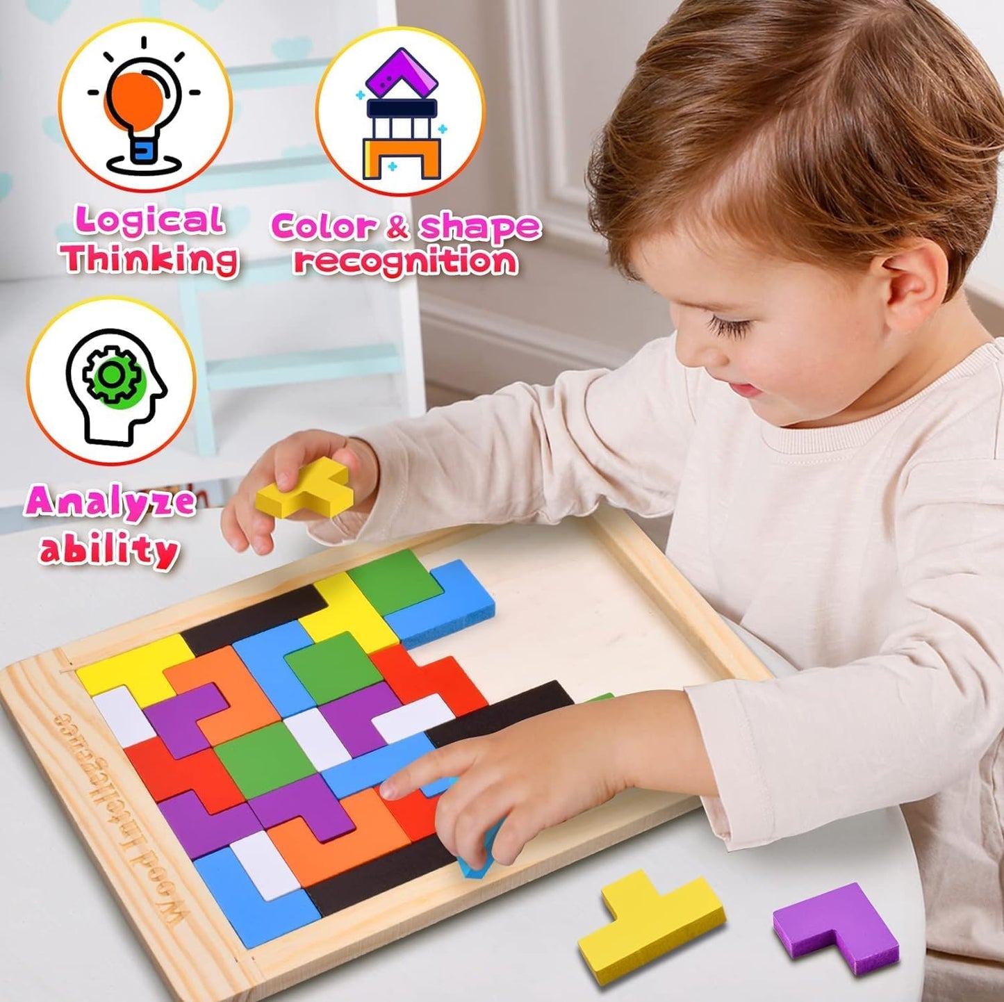 Kids Wooden Russian Blocks Tetris Puzzles for Kids, Wood Intelligence Puzzle, Brain Teasers Games Toys, Educational Gift for Kids Toddlers Ages 3-8, Building Blocks 40pcs