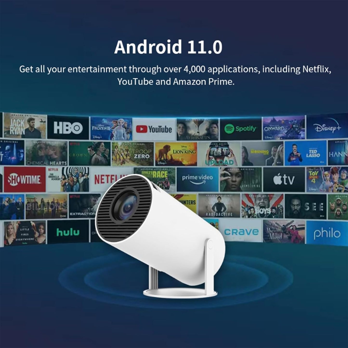 Smart Projector for Home 4K Support, Native 720p HD Resolution, 2500 Lumen, Rotabable Design, Speaker, Android 11 with Built-in Apps (Netflix, Prime, YouTube) WiFi, 100''Max Display
