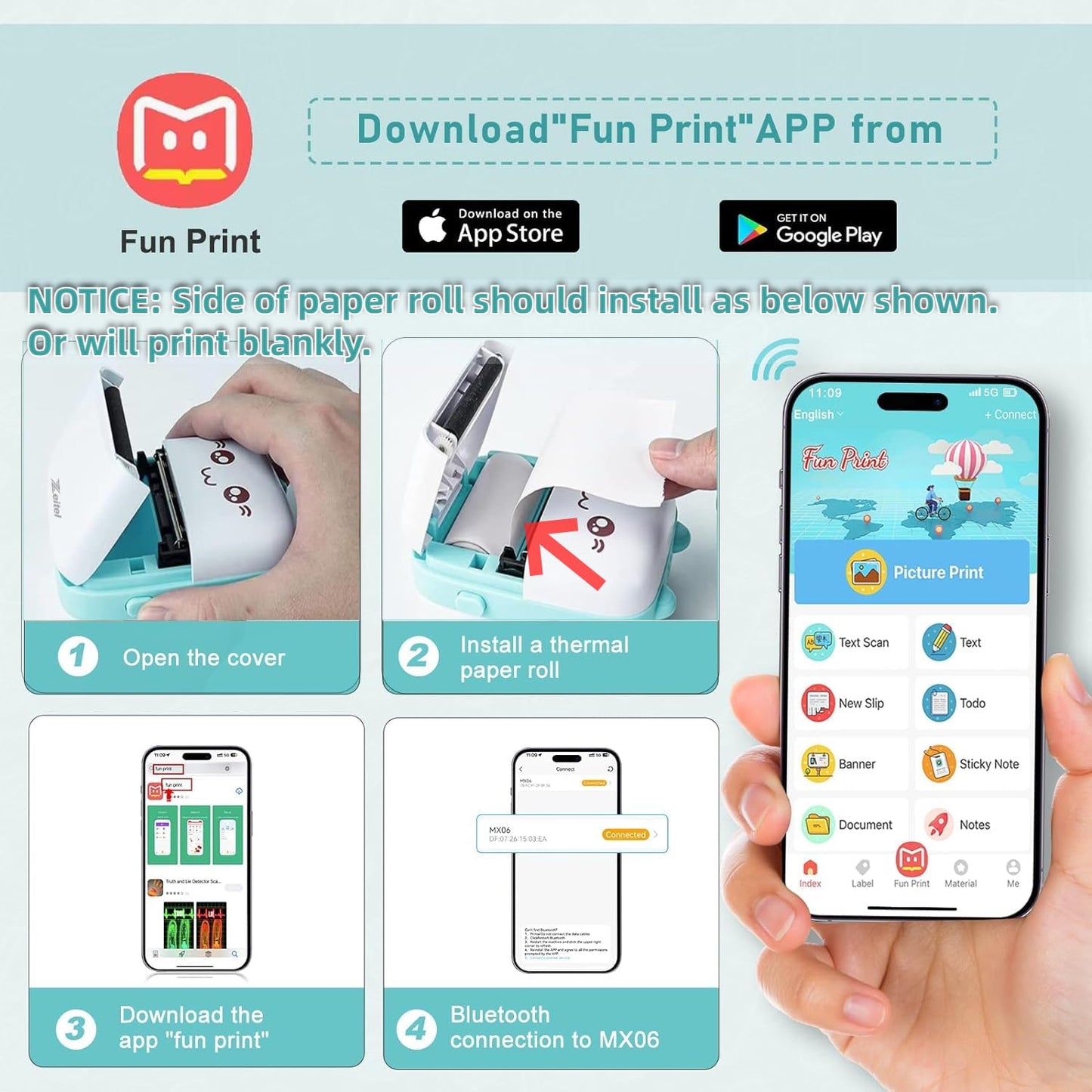 Mini Bluetooth Thermal Printer, Portable Label Printer Inkfree Printer for Android & iOS System, Black on White Thermal Printer with 13 Roll of Print Paper, Stickers, Blue