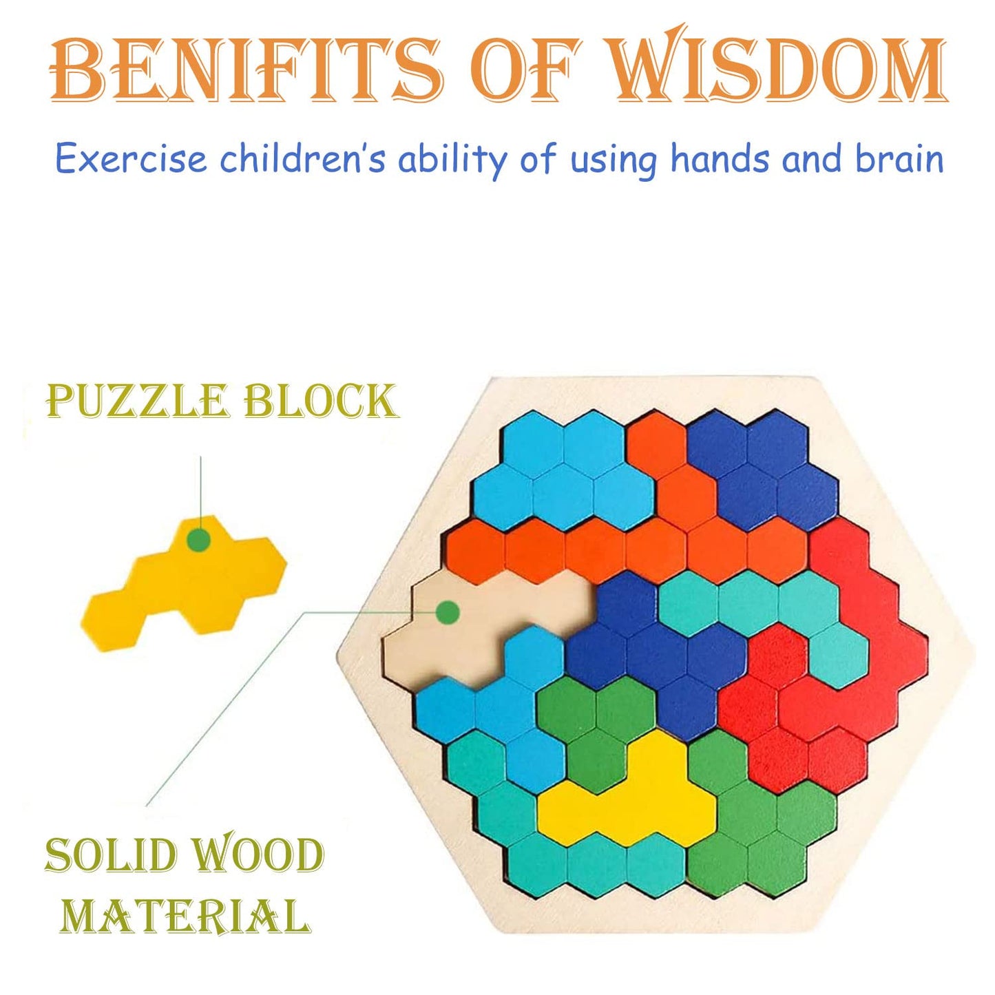 Wooden Hexagon Puzzle for Kids Adults Montessori Creative Jigsaw Shape Pattern Block Educational Gift Brain Teaser Tangram Challenge Toy Geometry Logic Game Pack of 1
