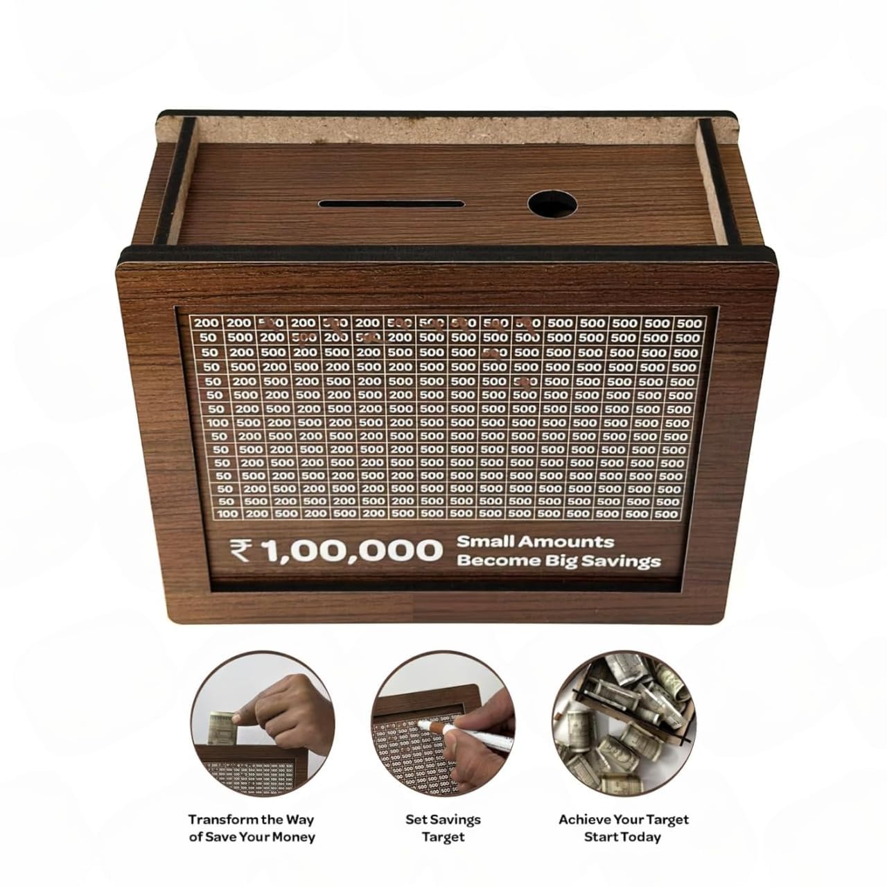 Wooden Piggy Bank for Kids & Adults, Coin Box with Carved Design, Savings Box, Mini Bank, Donation Box, Smart Money Box, Wooden Coin Box, Money Saver, Piggy Bank with Numbers (Wooden)
