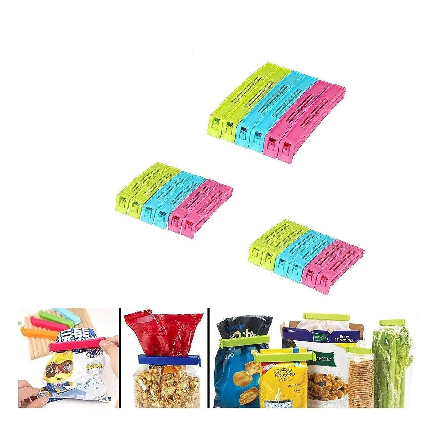18 Pcs - 3 Different Size Plastic Food Snack Bag Pouch Clip Sealer Large, Medium, Small Plastic Snack Seal Sealing Bag Clips Vacuum Sealer (Set of 18, Multi-Color), Mix Size