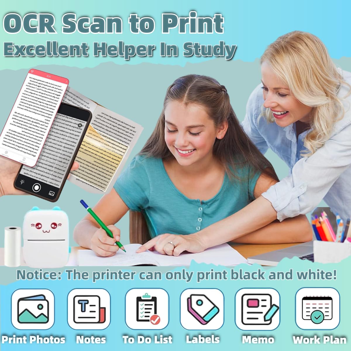 Mini Bluetooth Thermal Printer, Portable Label Printer Inkfree Printer for Android & iOS System, Black on White Thermal Printer with 13 Roll of Print Paper, Stickers, Blue