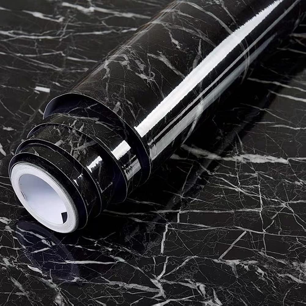 Self-Adhesive Kitchen Shelf Liner Roll - Oil-Proof, Waterproof Black Marble Wallpaper for Cabinets, Cupboards and Floors Black (60×200 cm, Pack of 1)