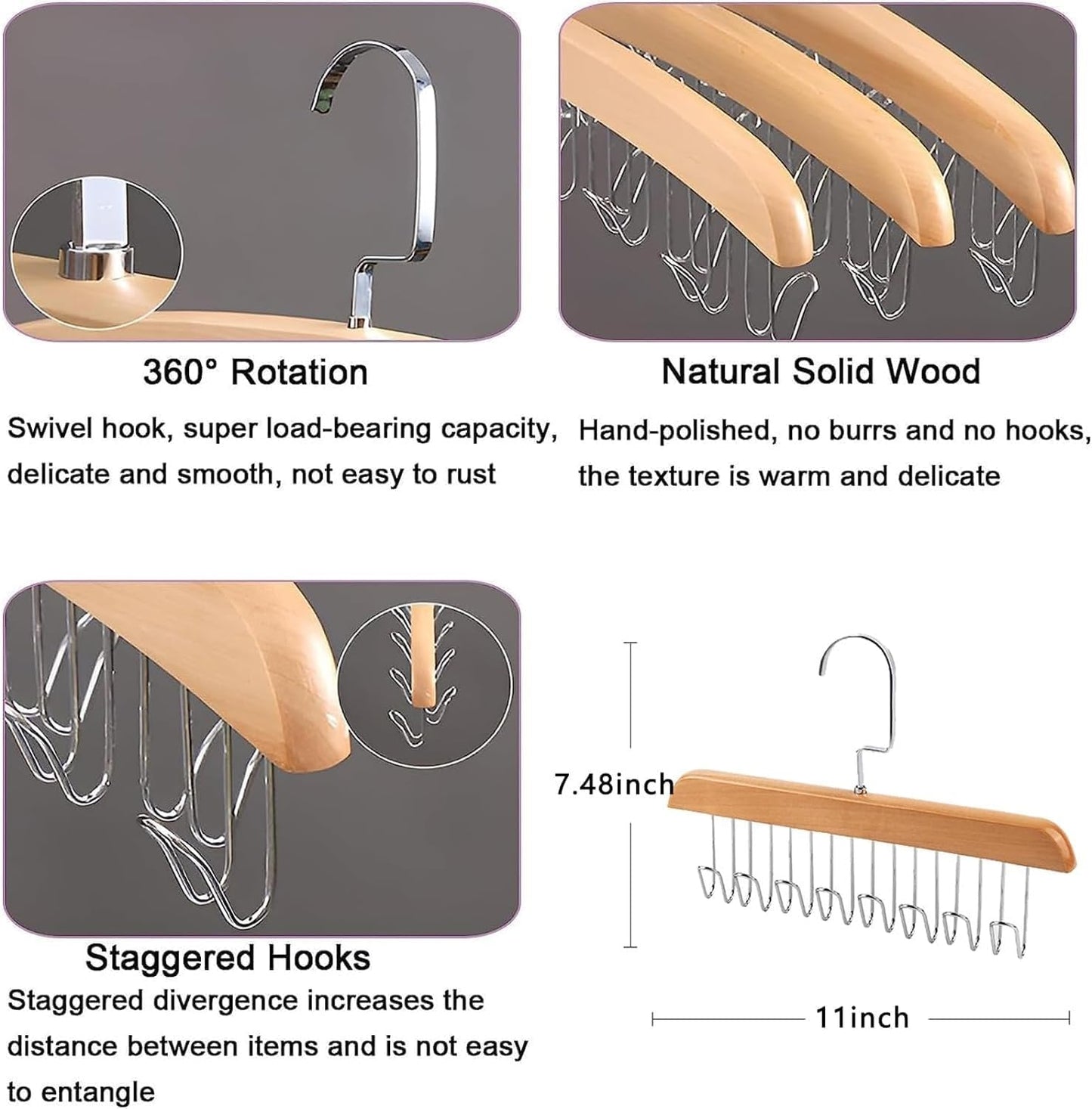 Wooden Hanger - Multipurpose Adjustable 8 Hooks Closet Wooden Hanger for Lingerie, Belt, Scarf, Tie, Garments, Perfect Storage Holder Organizer Hangers for Wardrobe and Cupboard (28X19CM, 1)