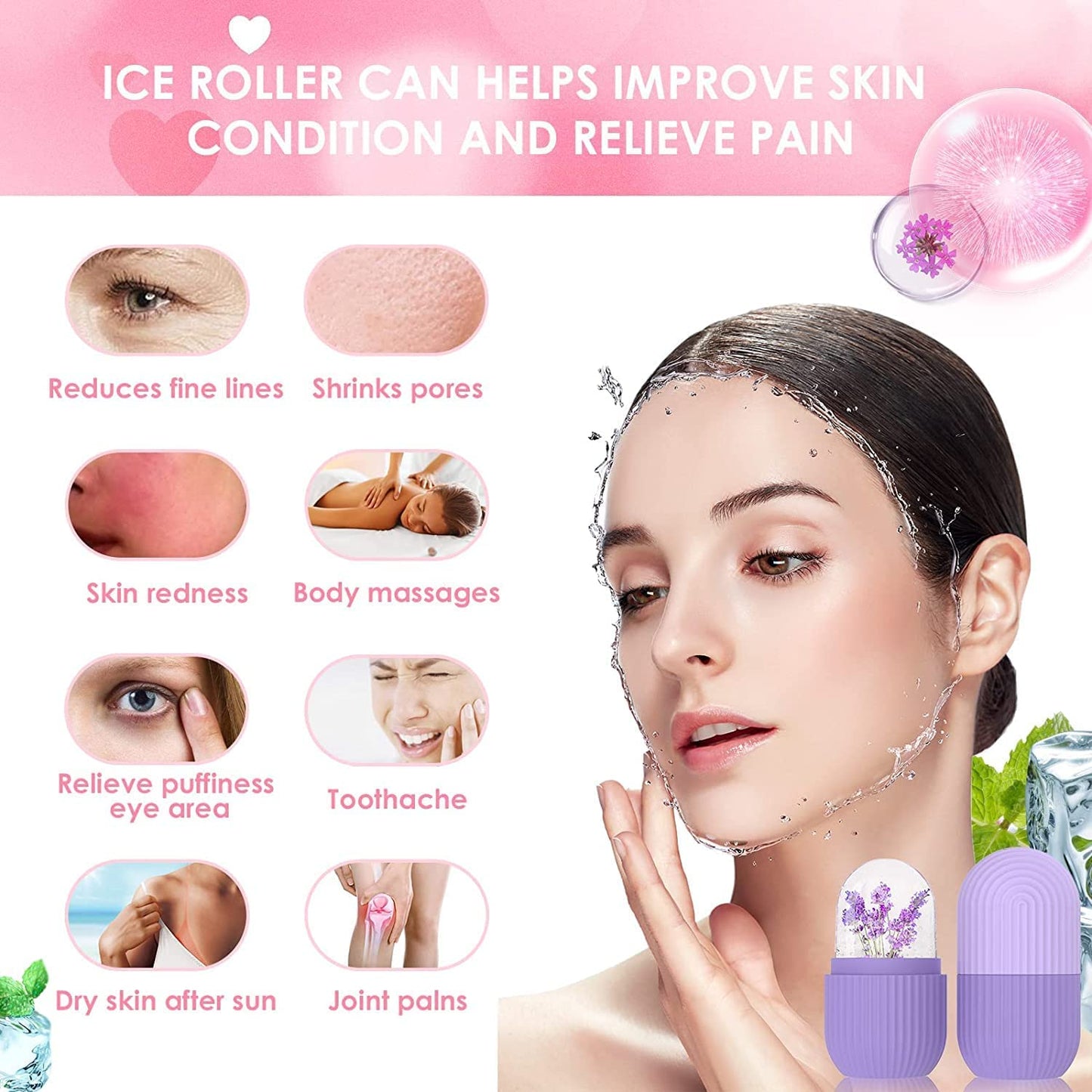 Ice Face Roller Silicone Facial Cube for Eyes Neck Massage Remove Dark Circle Pore Shrink Face Beauty Skin Care Ice Mould Kitchen Tools (PURPLE)(PACK OF-1)