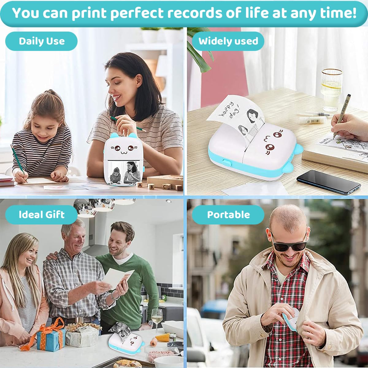 Mini Bluetooth Thermal Printer, Portable Label Printer Inkfree Printer for Android & iOS System, Black on White Thermal Printer with 13 Roll of Print Paper, Stickers, Blue