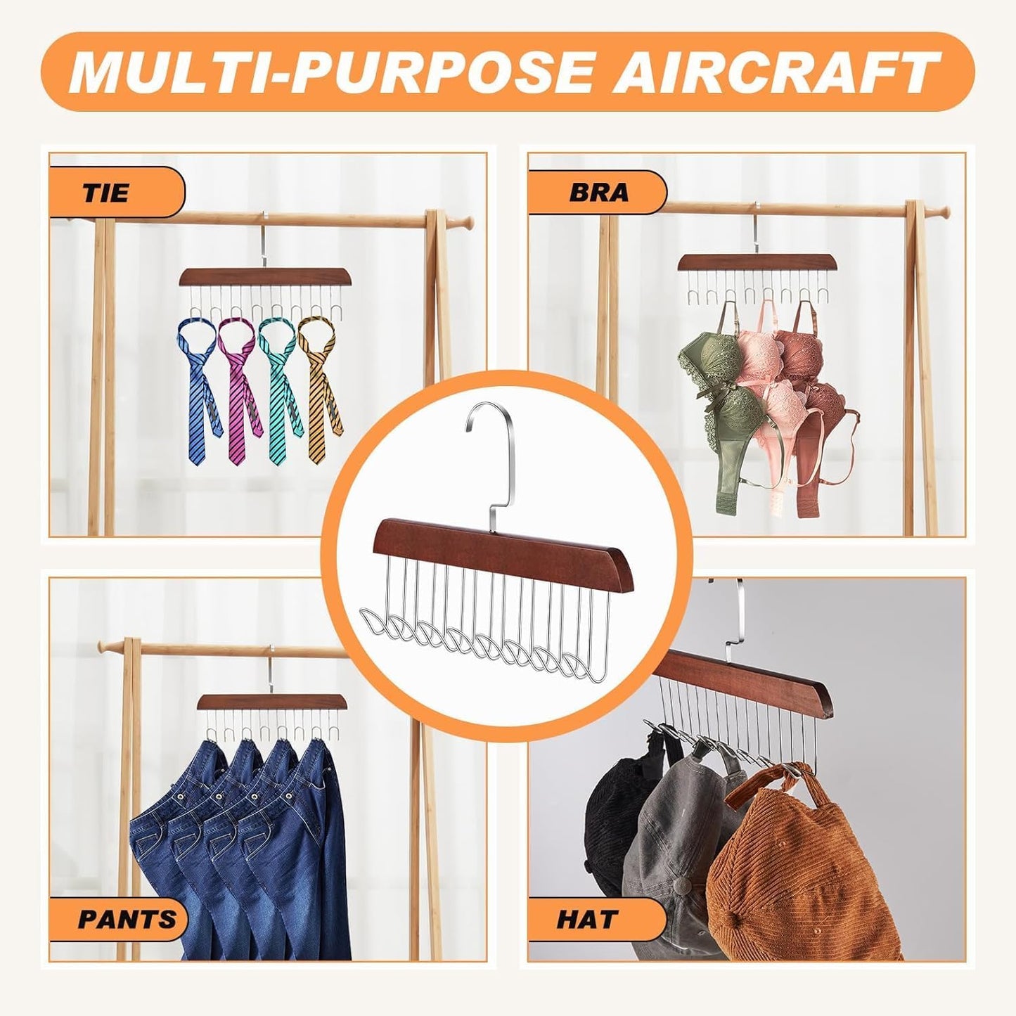 Wooden Hanger - Multipurpose Adjustable 8 Hooks Closet Wooden Hanger for Lingerie, Belt, Scarf, Tie, Garments, Perfect Storage Holder Organizer Hangers for Wardrobe and Cupboard (28X19CM, 1)