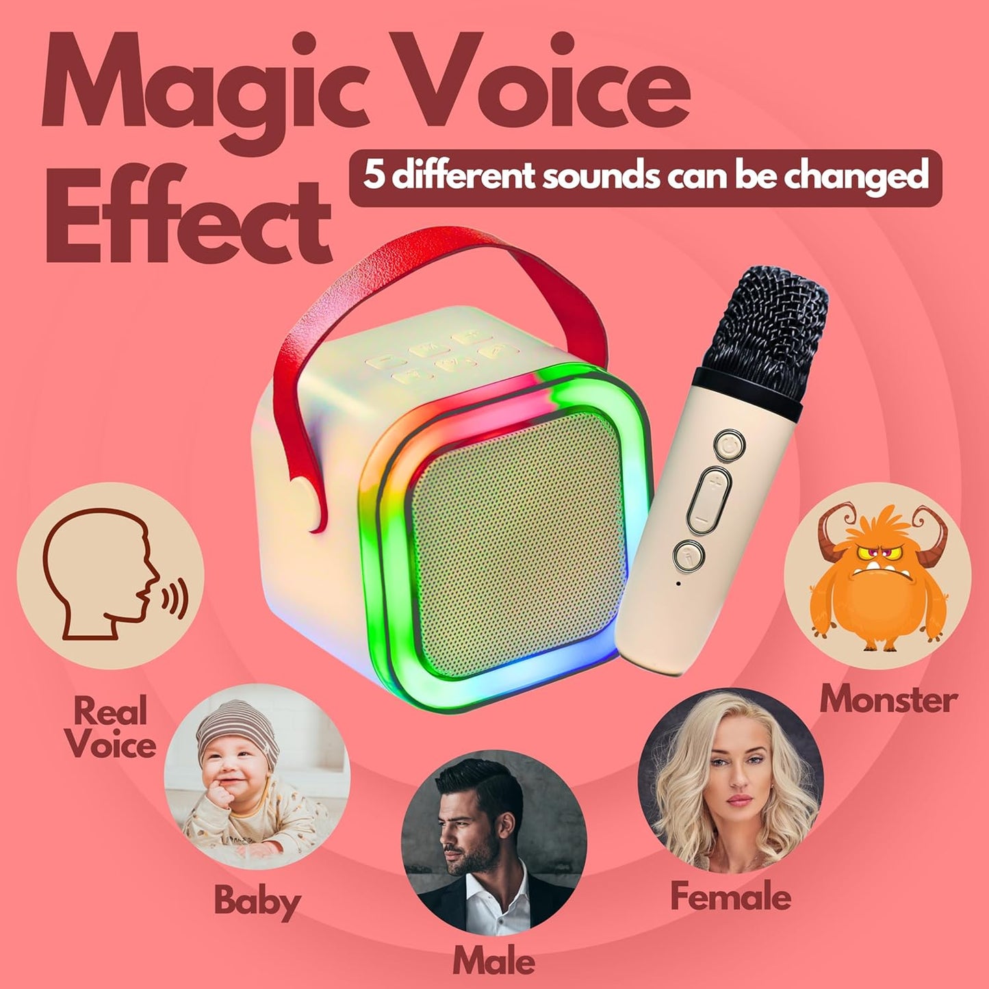 Karaoke Machine for Kids and Adults, Portable Bluetooth Mini Karaoke Microphone Speaker with Wireless Mic and Light, Gift Toy for Smartphones, Birthday, Family, Home Party (Colour: Multi)