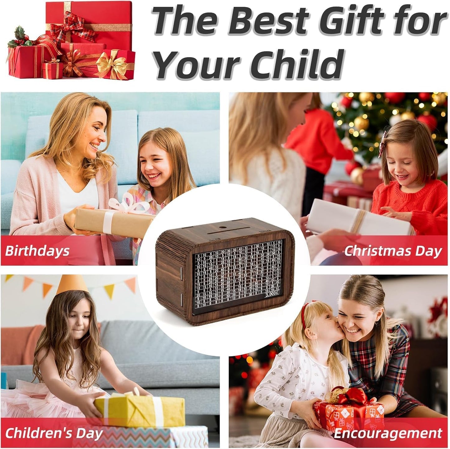 Wooden Piggy Bank for Kids & Adults, Coin Box with Carved Design, Savings Box, Mini Bank, Donation Box, Smart Money Box, Wooden Coin Box, Money Saver, Piggy Bank with Numbers (Wooden)