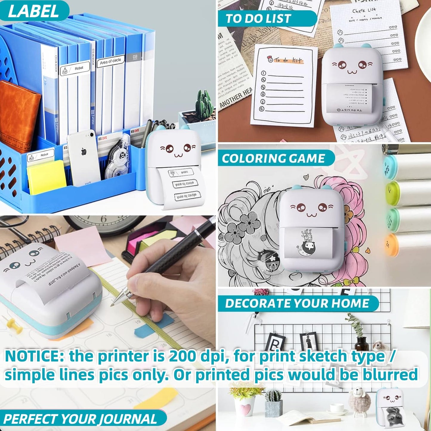 Mini Bluetooth Thermal Printer, Portable Label Printer Inkfree Printer for Android & iOS System, Black on White Thermal Printer with 13 Roll of Print Paper, Stickers, Blue