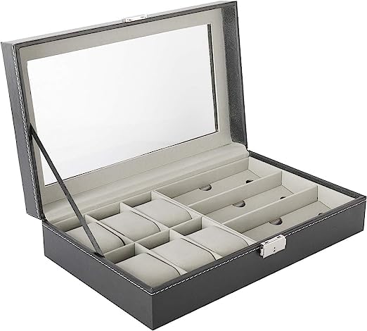 6 Watch Box Jewelry Case and 3 Piece Eyeglasses Storage and Sunglass Glasses Display Drawer Lockable Case Organizer,Black