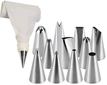 12 Piece Cake Decorating Set Frosting Icing Piping Bag Tips with Steel nozzles. Reusable & Washable