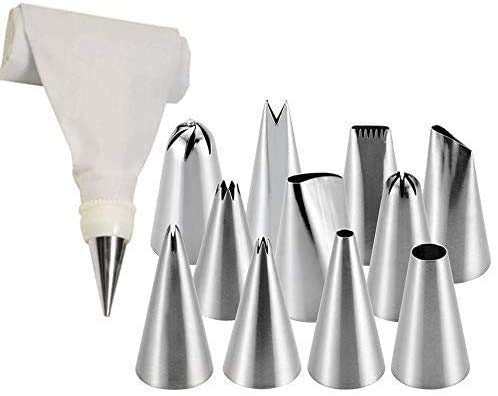 12 Piece Cake Decorating Set Frosting Icing Piping Bag Tips with Steel nozzles. Reusable & Washable