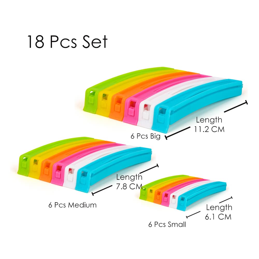 18 Pcs - 3 Different Size Plastic Food Snack Bag Pouch Clip Sealer Large, Medium, Small Plastic Snack Seal Sealing Bag Clips Vacuum Sealer (Set of 18, Multi-Color), Mix Size