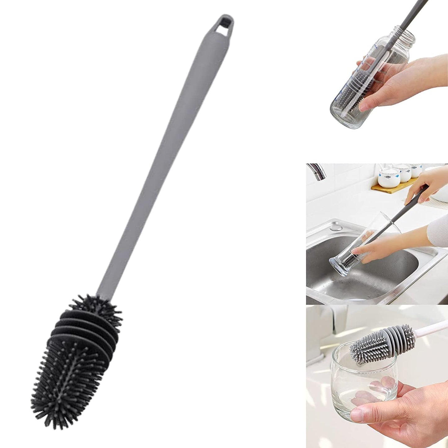 Bottle Cleaning Brush Silicone Long Handle for Baby Bottle, Water Bottle, Containers, Vase and Glass, Bottle Cleaner for Home and Kitchen Accessories Item Products (31-CM-SILICONE-GREY-BRUSH)