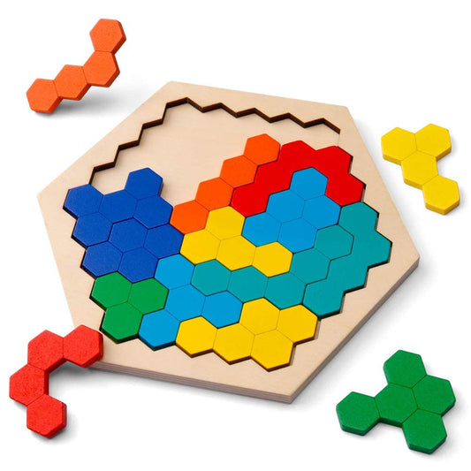 Wooden Hexagon Puzzle for Kids Adults Montessori Creative Jigsaw Shape Pattern Block Educational Gift Brain Teaser Tangram Challenge Toy Geometry Logic Game Pack of 1