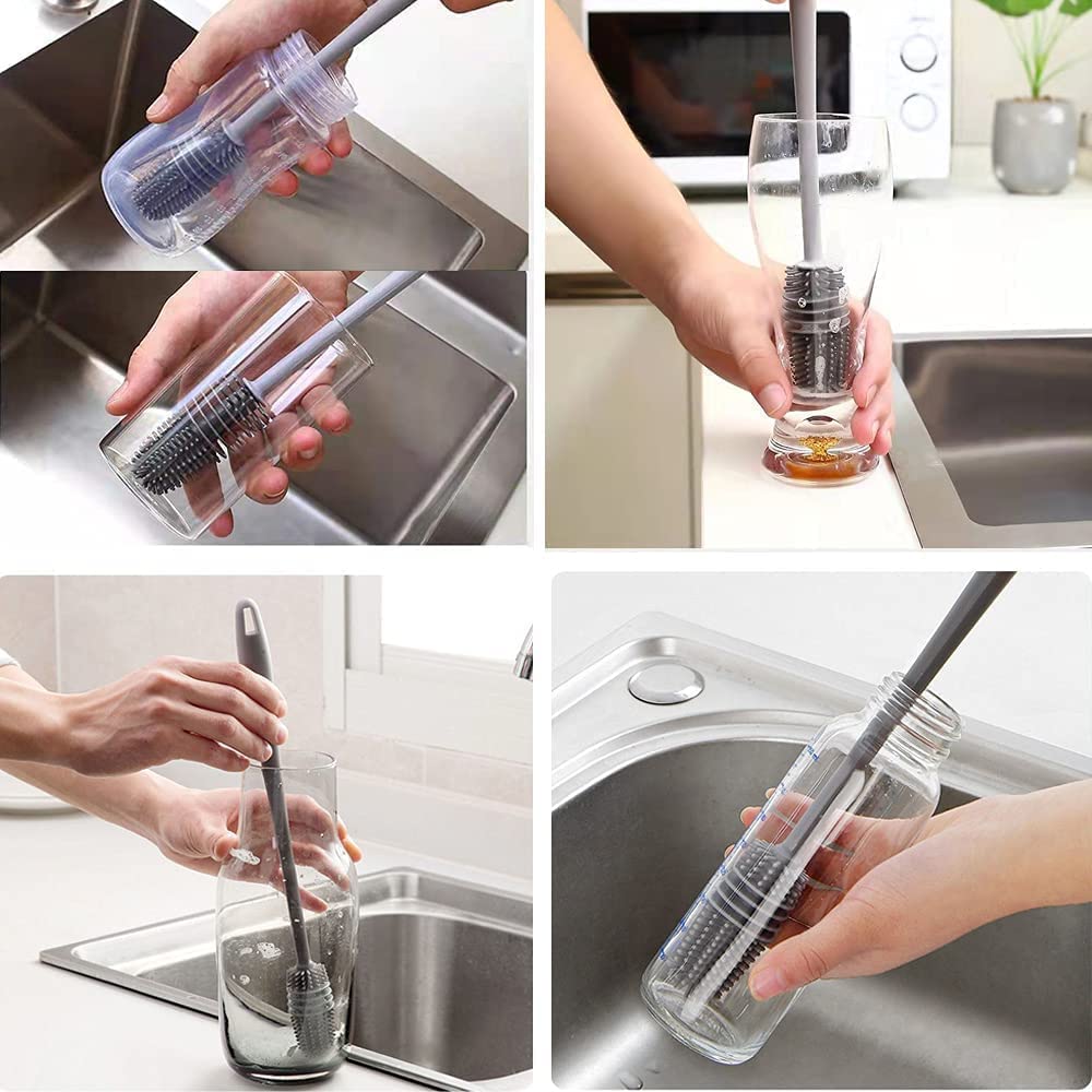 Bottle Cleaning Brush Silicone Long Handle for Baby Bottle, Water Bottle, Containers, Vase and Glass, Bottle Cleaner for Home and Kitchen Accessories Item Products (31-CM-SILICONE-GREY-BRUSH)