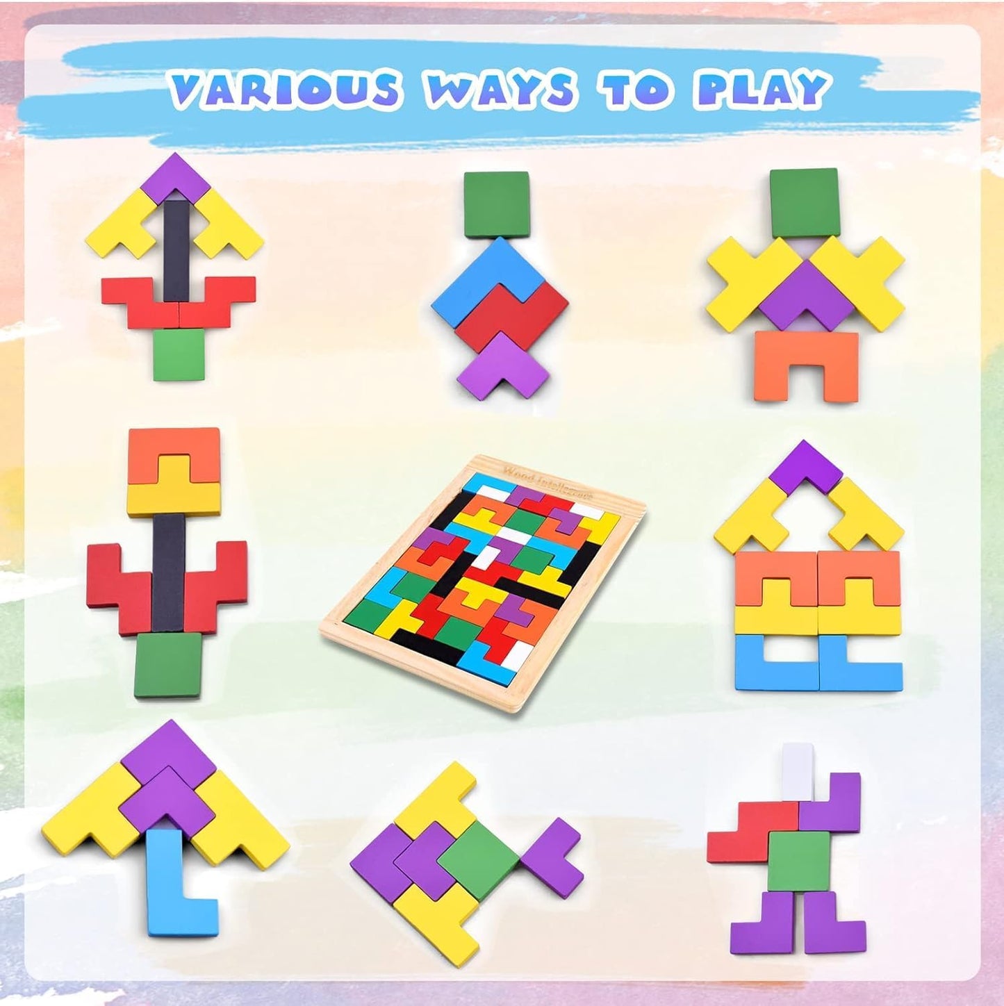 Kids Wooden Russian Blocks Tetris Puzzles for Kids, Wood Intelligence Puzzle, Brain Teasers Games Toys, Educational Gift for Kids Toddlers Ages 3-8, Building Blocks 40pcs