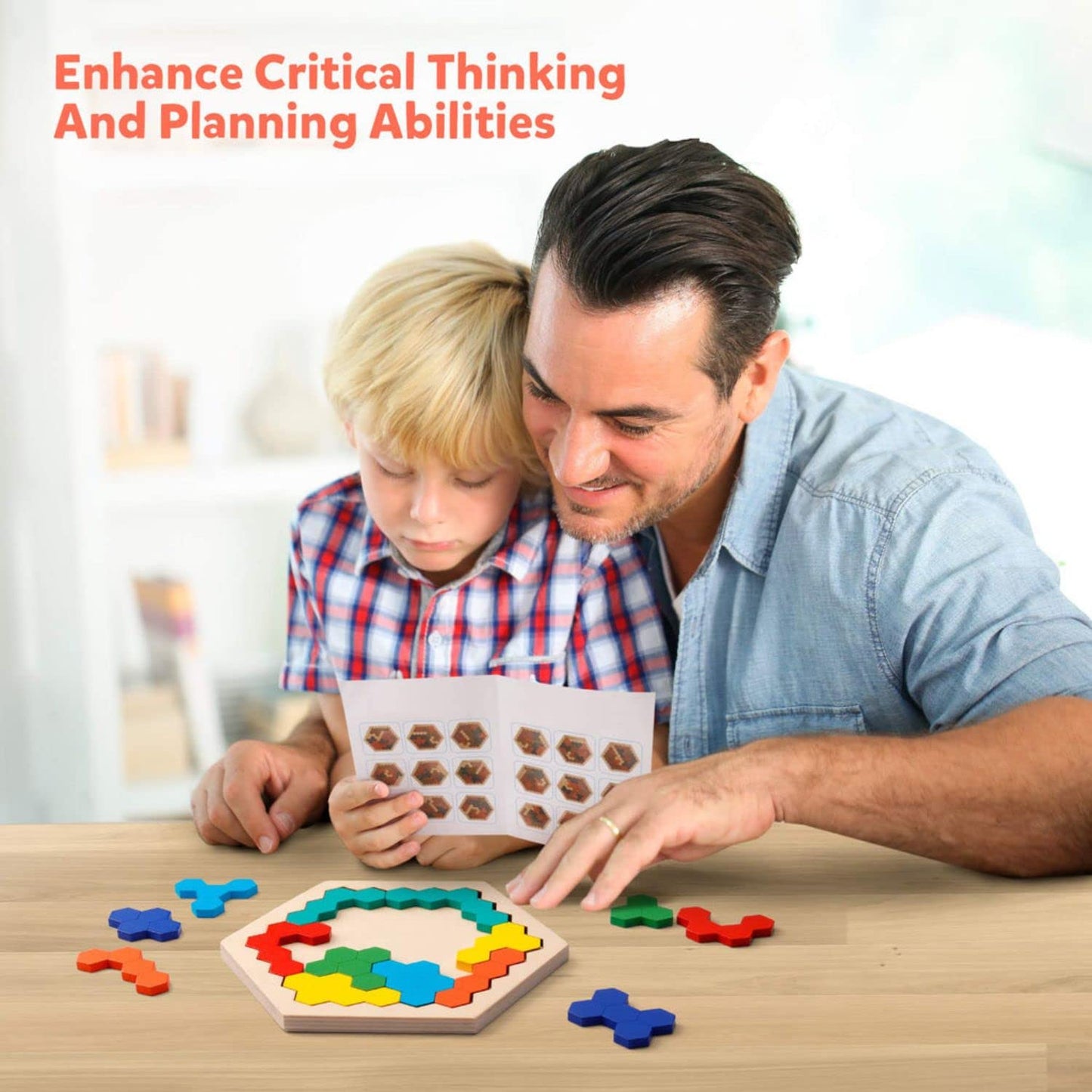 Wooden Hexagon Puzzle for Kids Adults Montessori Creative Jigsaw Shape Pattern Block Educational Gift Brain Teaser Tangram Challenge Toy Geometry Logic Game Pack of 1