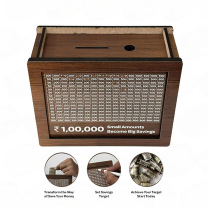 Wooden Piggy Bank for Kids & Adults, Coin Box with Carved Design, Savings Box, Mini Bank, Donation Box, Smart Money Box, Wooden Coin Box, Money Saver, Piggy Bank with Numbers (Wooden)