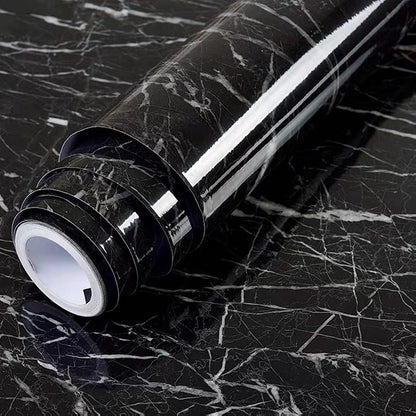 Self-Adhesive Kitchen Shelf Liner Roll - Oil-Proof, Waterproof Black Marble Wallpaper for Cabinets, Cupboards and Floors Black (60×200 cm, Pack of 1)