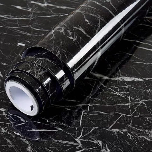 Self-Adhesive Kitchen Shelf Liner Roll - Oil-Proof, Waterproof Black Marble Wallpaper for Cabinets, Cupboards and Floors Black (60×200 cm, Pack of 1)