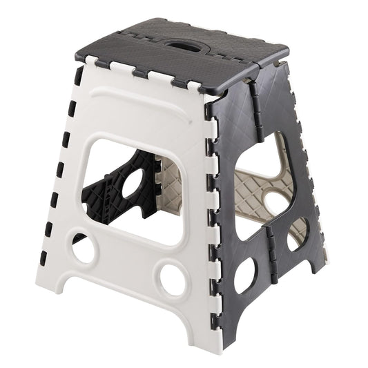 Plastic Multipurpose Moveable Portable 120 kg Capacity Folding Stool (18 Inch Height, Black - White)