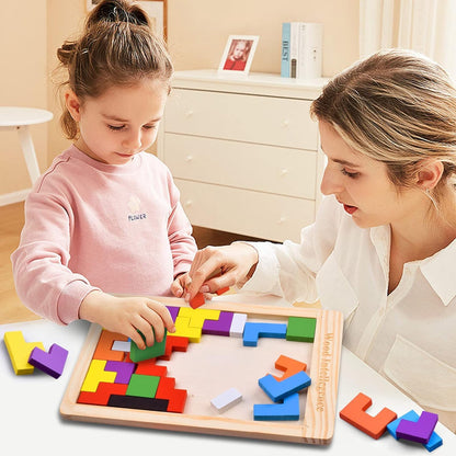 Kids Wooden Russian Blocks Tetris Puzzles for Kids, Wood Intelligence Puzzle, Brain Teasers Games Toys, Educational Gift for Kids Toddlers Ages 3-8, Building Blocks 40pcs