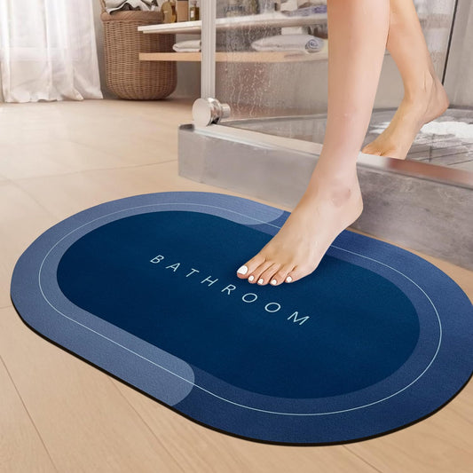 Rubber 1 Piece 3.5Mm Anti-Skid Water Soaking Bathroom Print Door,Oval Floor Bath Mat, Soft Quick Dry Water Absorbent Mat For Home Office 40X60Cm-Blue