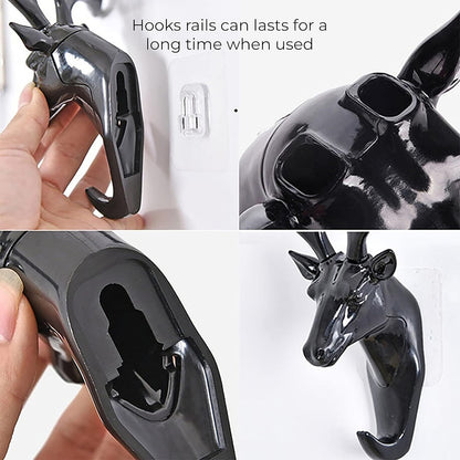 Deer Head Single Wall Hook/Hanger Animal Shaped Coat Hat Hook Heavy Duty, Rustic, Decorative Gift, Black, Pack of 1v