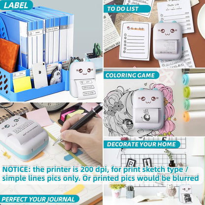 Mini Bluetooth Thermal Printer, Portable Label Printer Inkfree Printer for Android & iOS System, Black on White Thermal Printer with 13 Roll of Print Paper, Stickers, Blue