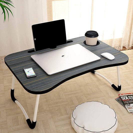 Study Table Foldable Wooden Laptop Bed Tray Table, Multifunction Lap Tablet Desk with Cup Holder, Perfect for Eating Breakfast, Reading Book, Working, Watching Movie On Bed (Black Wood Cup Holder)